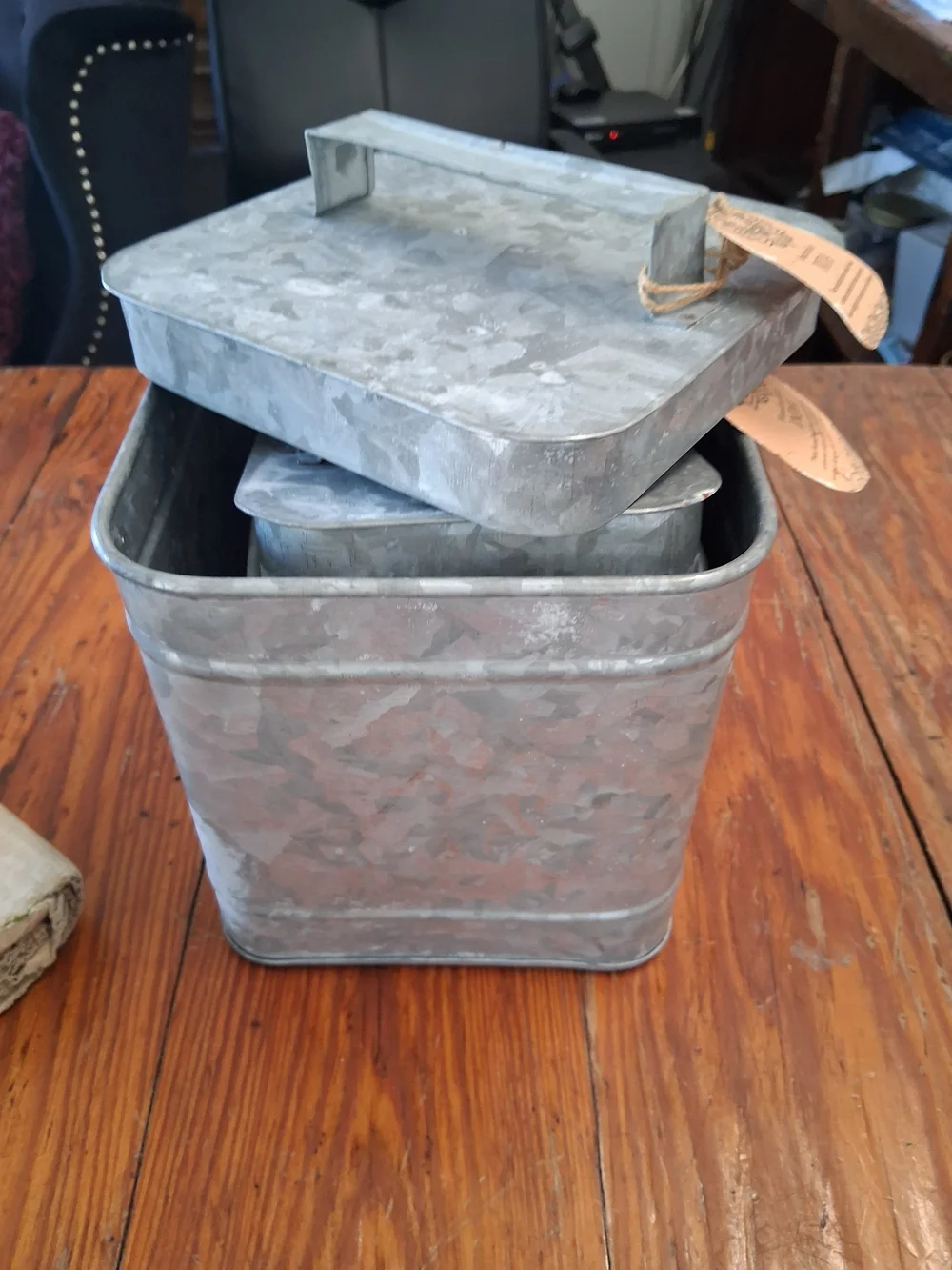 Galvanized Metal Square Lidded Storage Canisters - Set of 2